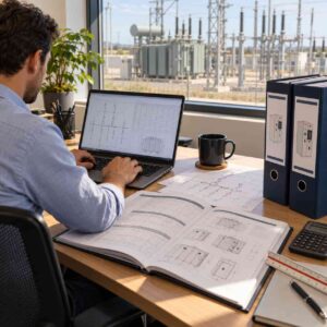 Buyer preparing a technical enquiry document at a desk beside switchgear catalogues