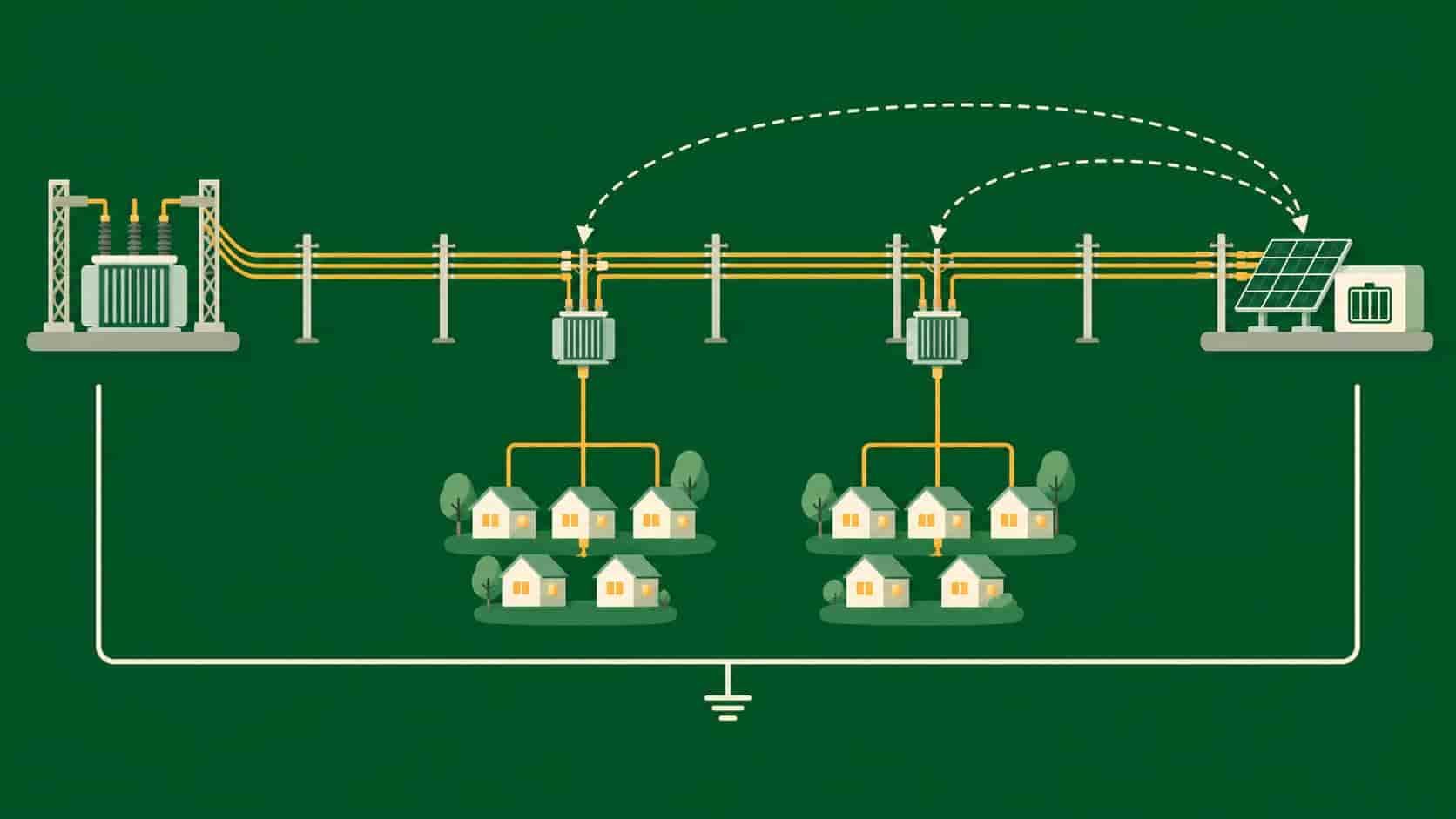 Flat infographic of a rural feeder extension from substation through village transformers to households and a solar-hybrid node