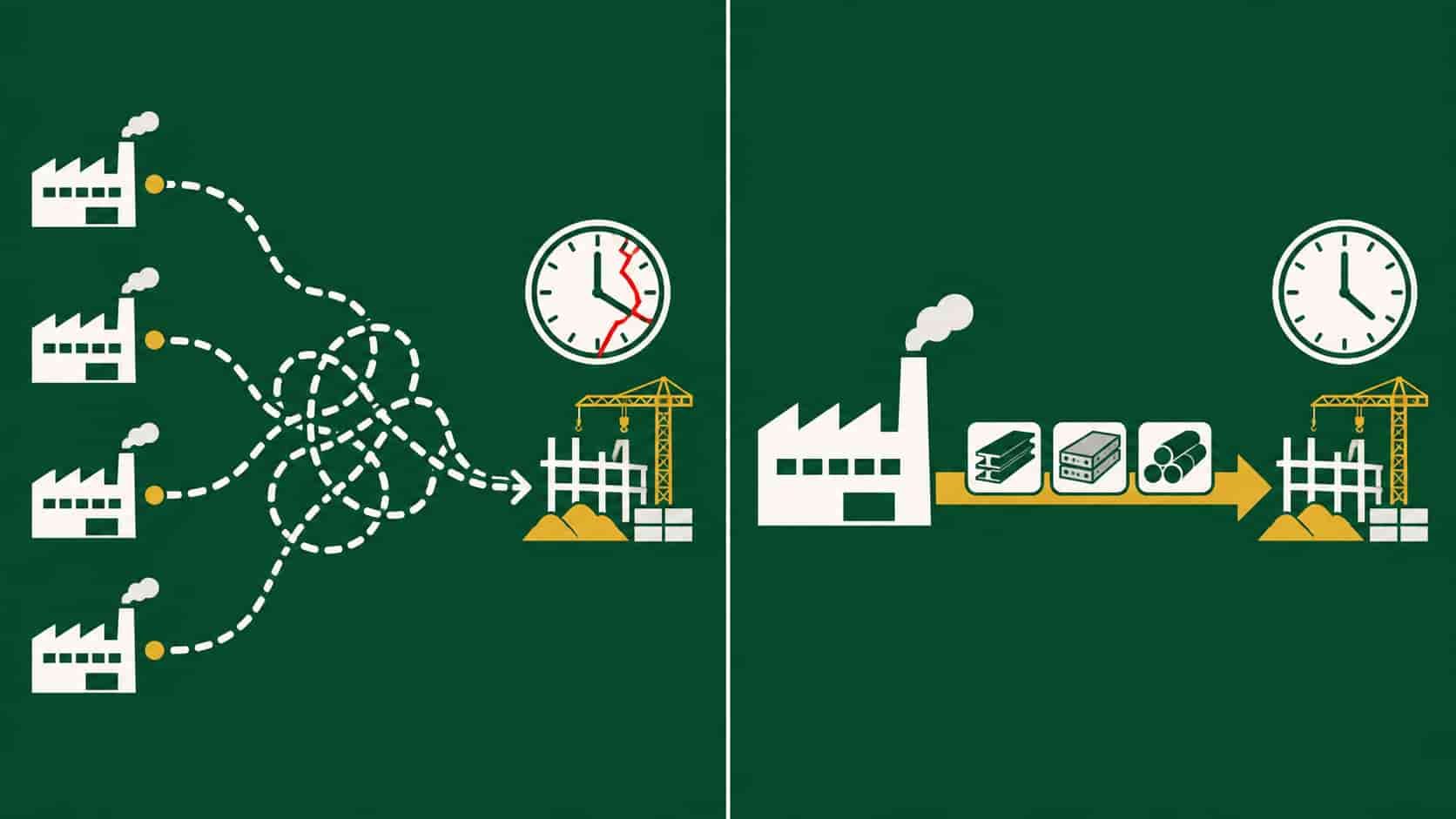 Flat infographic contrasting multi-supplier procurement with a single coordinated supplier flow