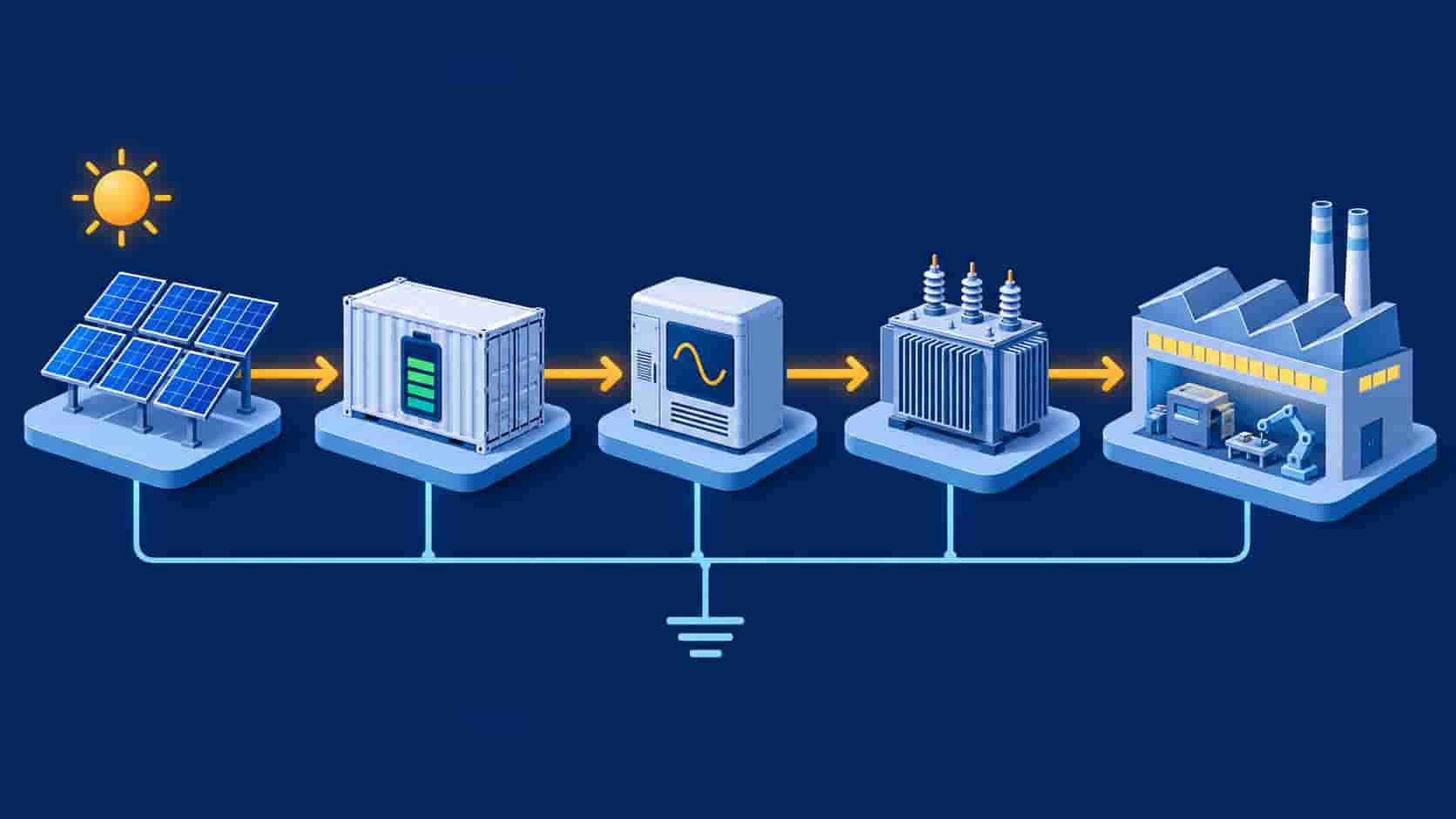Flat infographic of a solar and storage package from PV array and battery through PCS and transformer to factory load