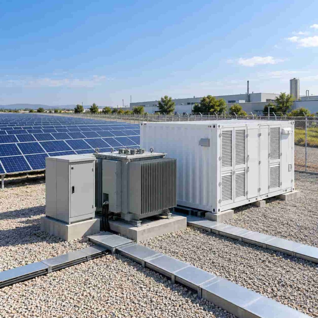 Containerised solar and battery storage power package beside a PV array at an industrial site