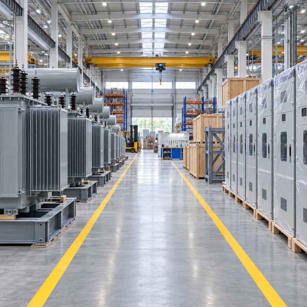 Factory floor with transformers and switchgear panels staged for export packing