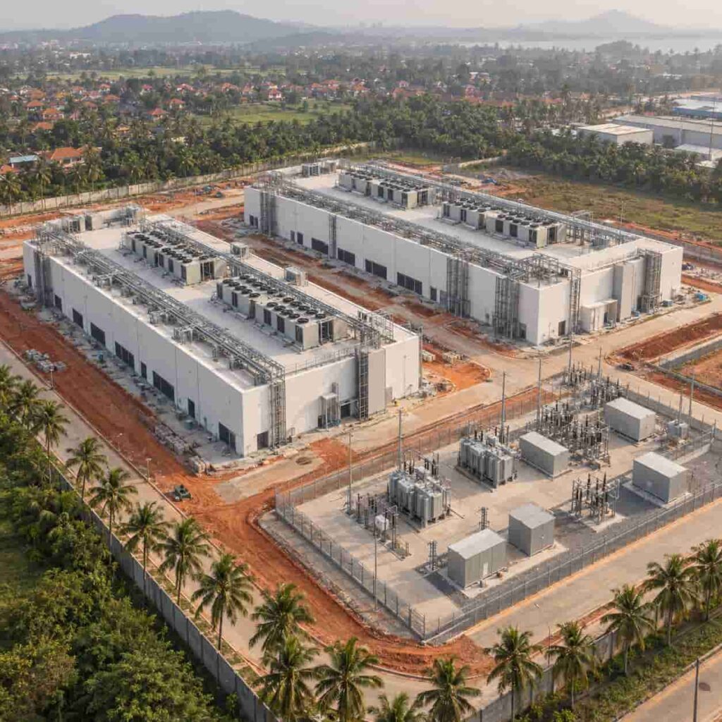 Aerial view of data center buildings and power infrastructure in a Southeast Asian industrial park