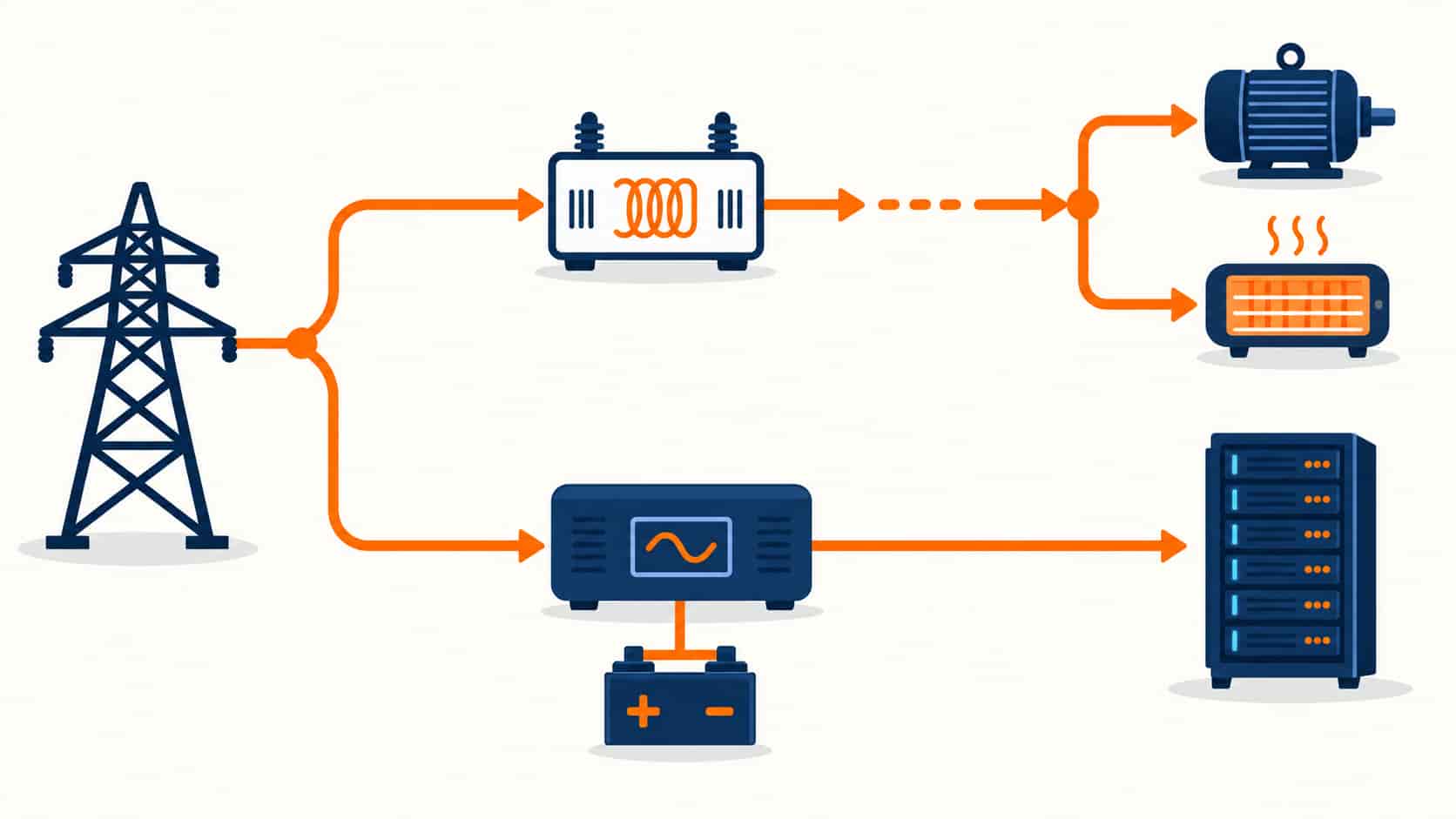 Flat illustration comparing a stabilizer-only path and a UPS-protected path feeding loads