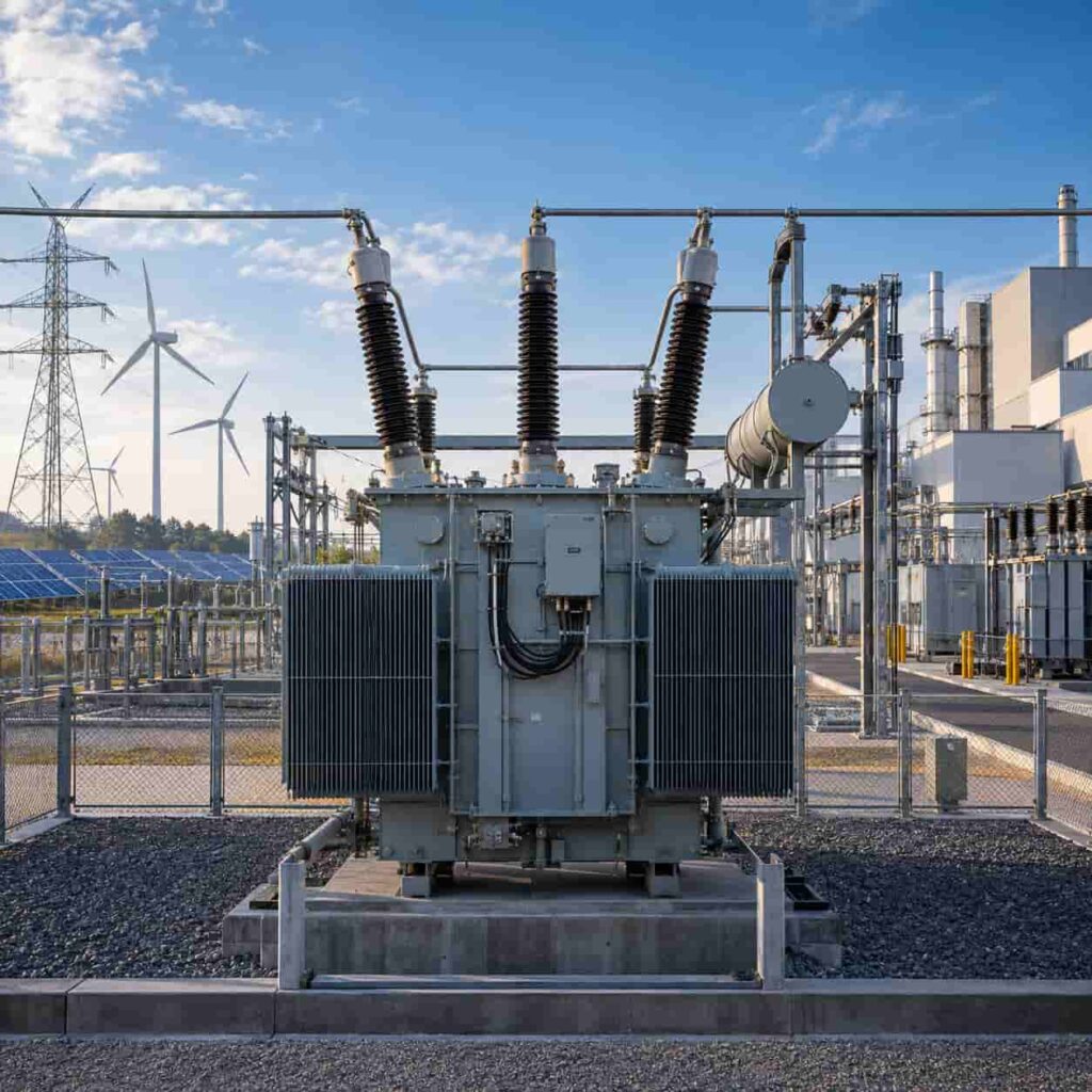 Step-up vs step-down transformer comparison showing power generation and industrial distribution applications
