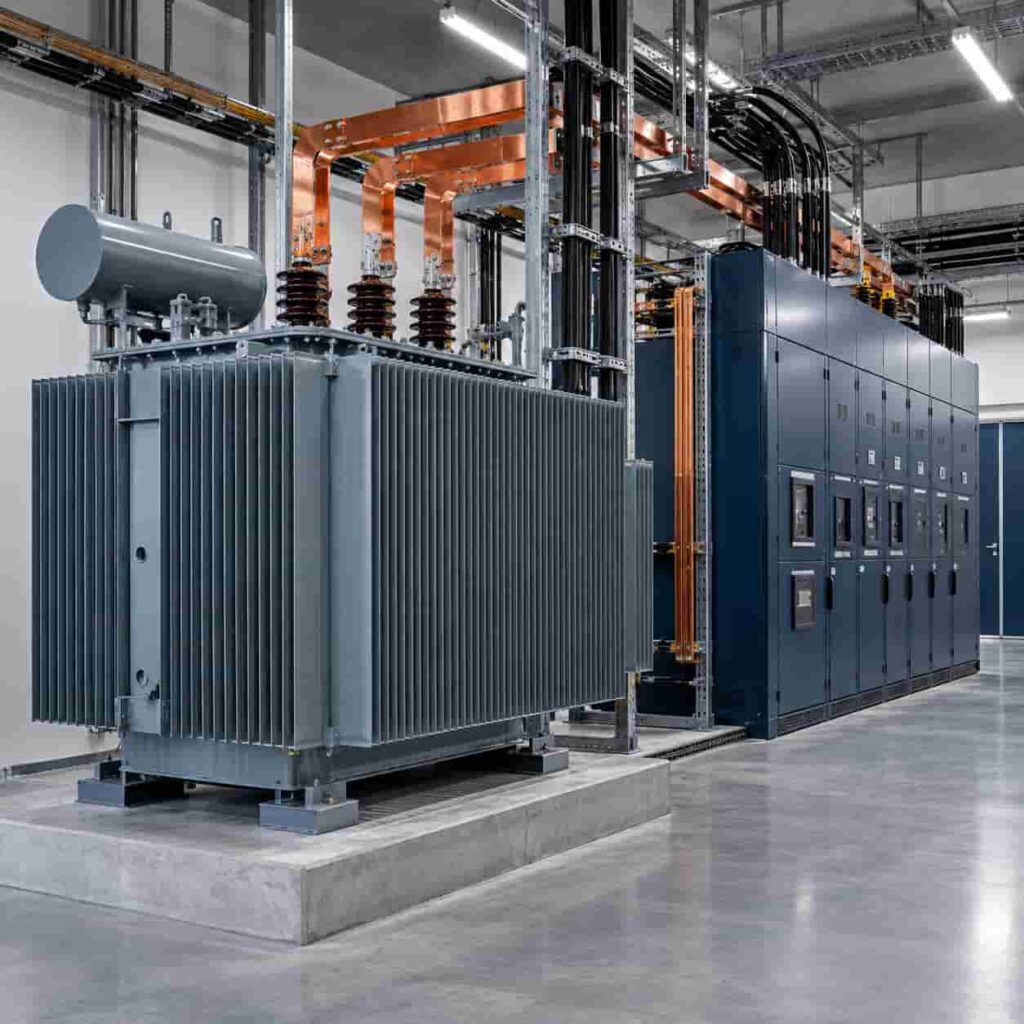 Medium-voltage distribution transformer and switchgear representing project load analysis and transformer capacity sizing