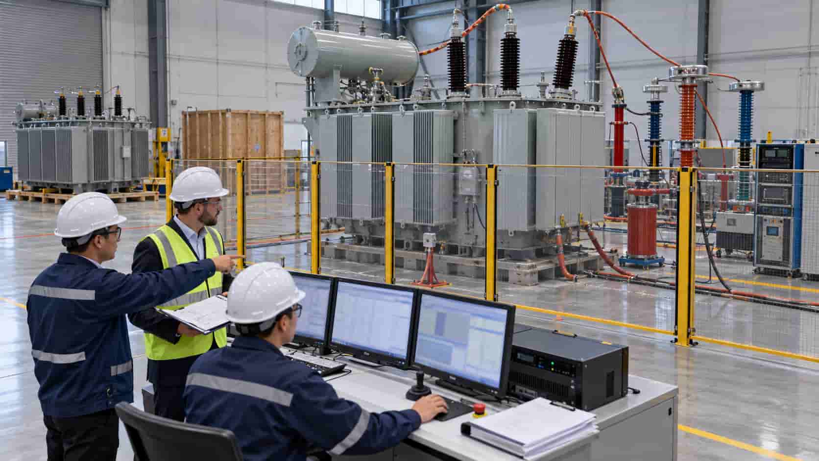 International buyer witnessing transformer factory acceptance testing with engineers and calibrated test equipment