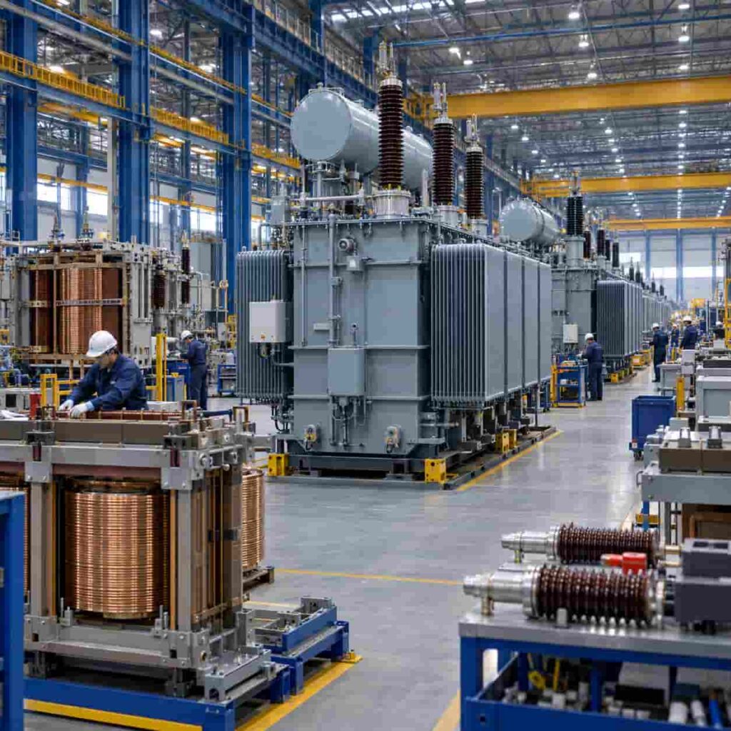 Transformer production line showing manufacturing capacity behind the 2026 transformer lead time shortage