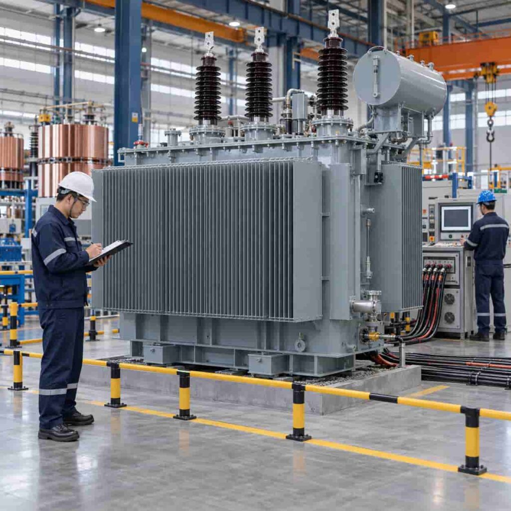 Buyer inspecting a large power transformer in a Chinese manufacturing and factory testing facility