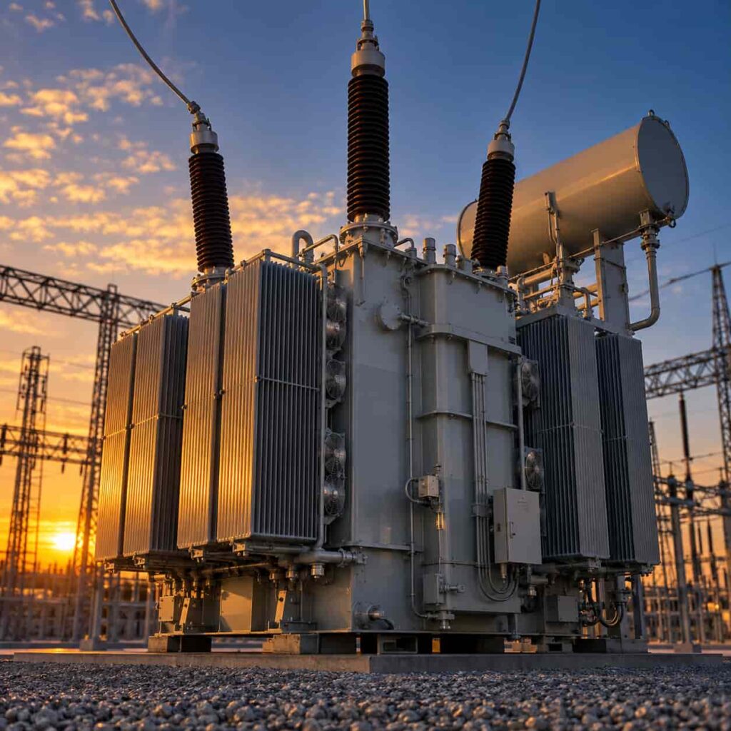 Power transformer with cooling radiators at an outdoor substation photographed at dusk