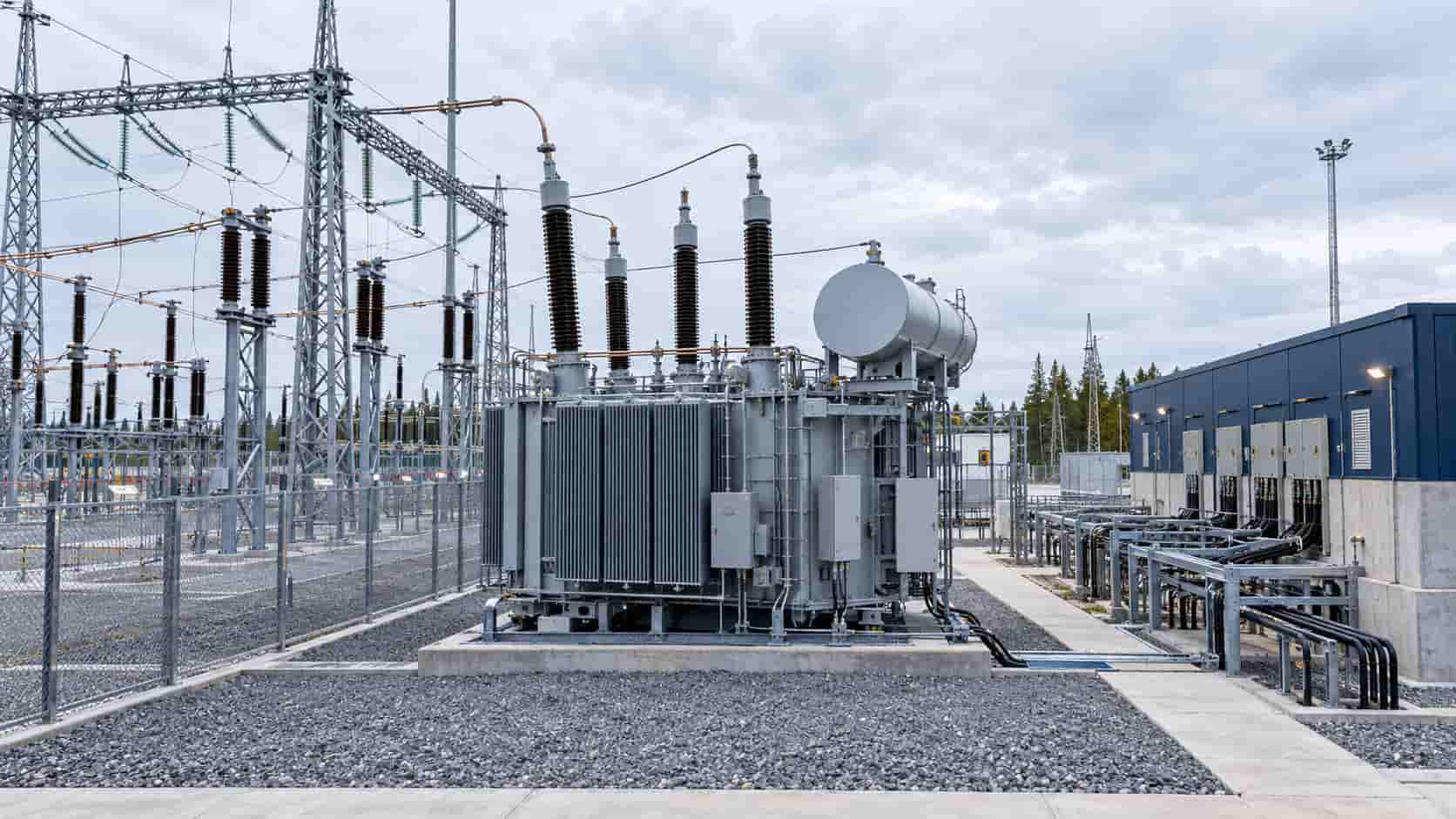 Power transformer connecting high-voltage transmission lines to medium-voltage industrial distribution equipment
