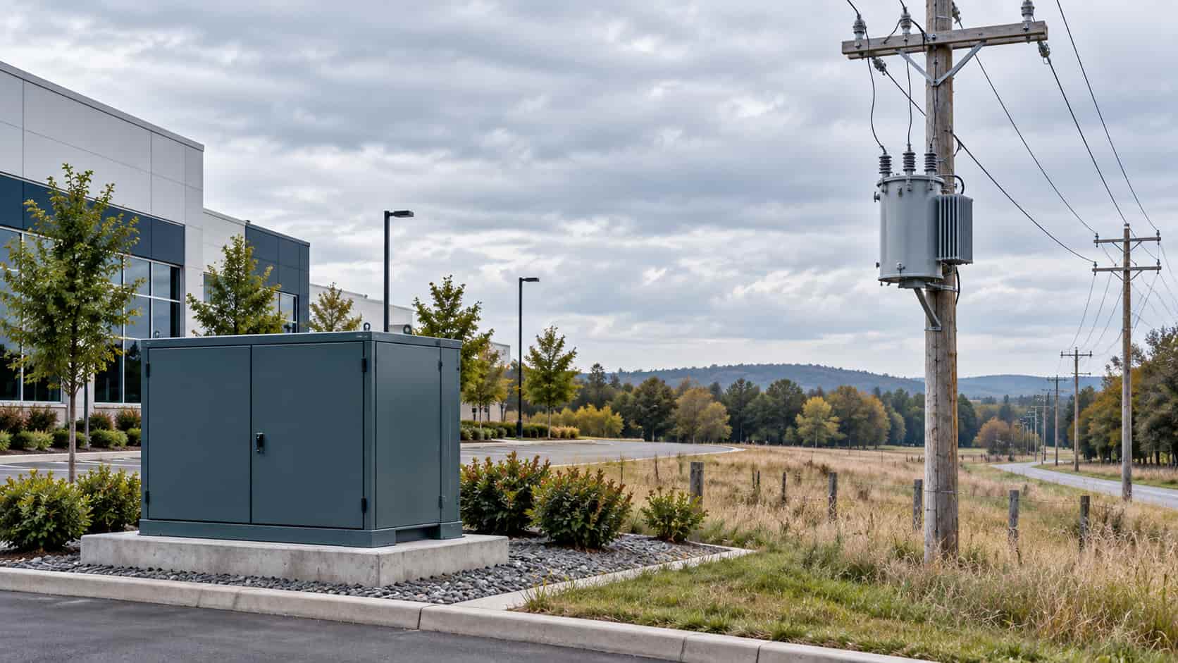 Pad-mounted transformer for underground distribution beside a pole-mounted transformer on an overhead feeder
