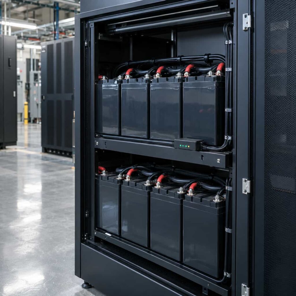 UPS battery string cabinets with monitoring modules in a data center power room