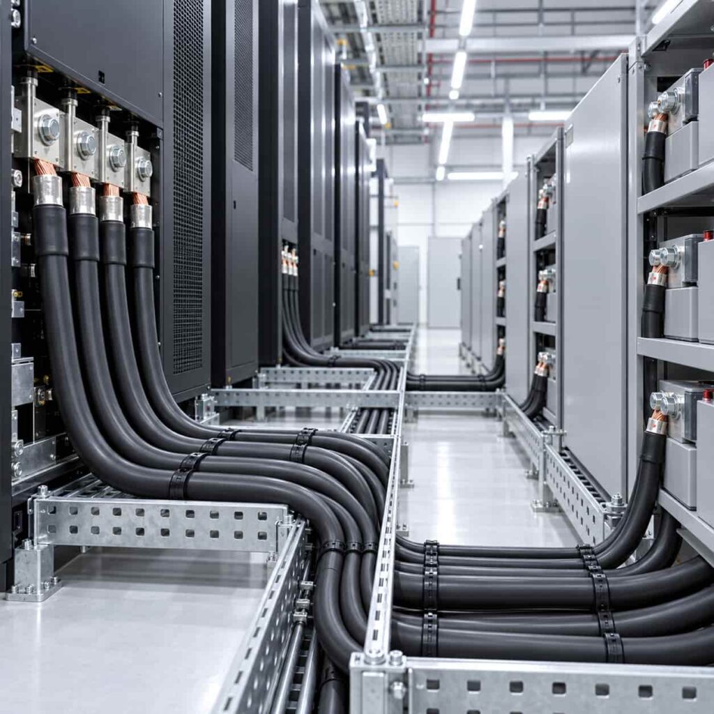 Flexible fine-stranded power cables connecting UPS modules to battery cabinets in a data center power room