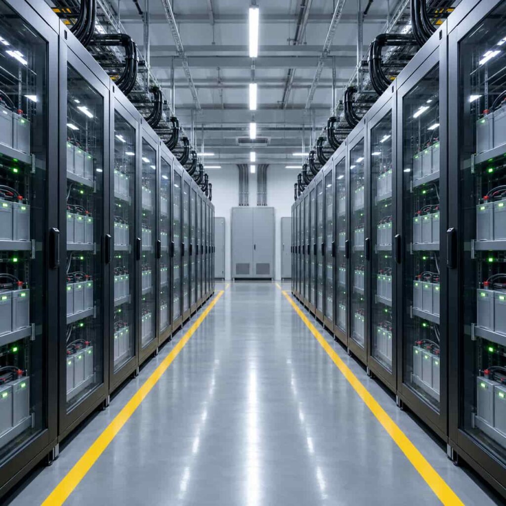 Rows of UPS battery strings installed in a data center battery room