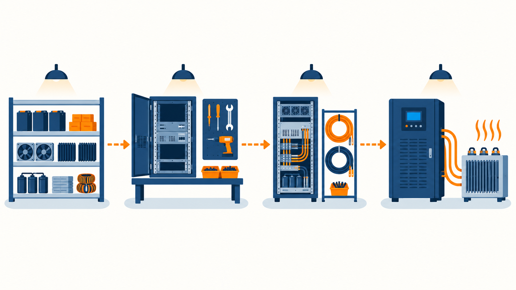 Flat illustration of a UPS factory flow from component storage to load-bank testing