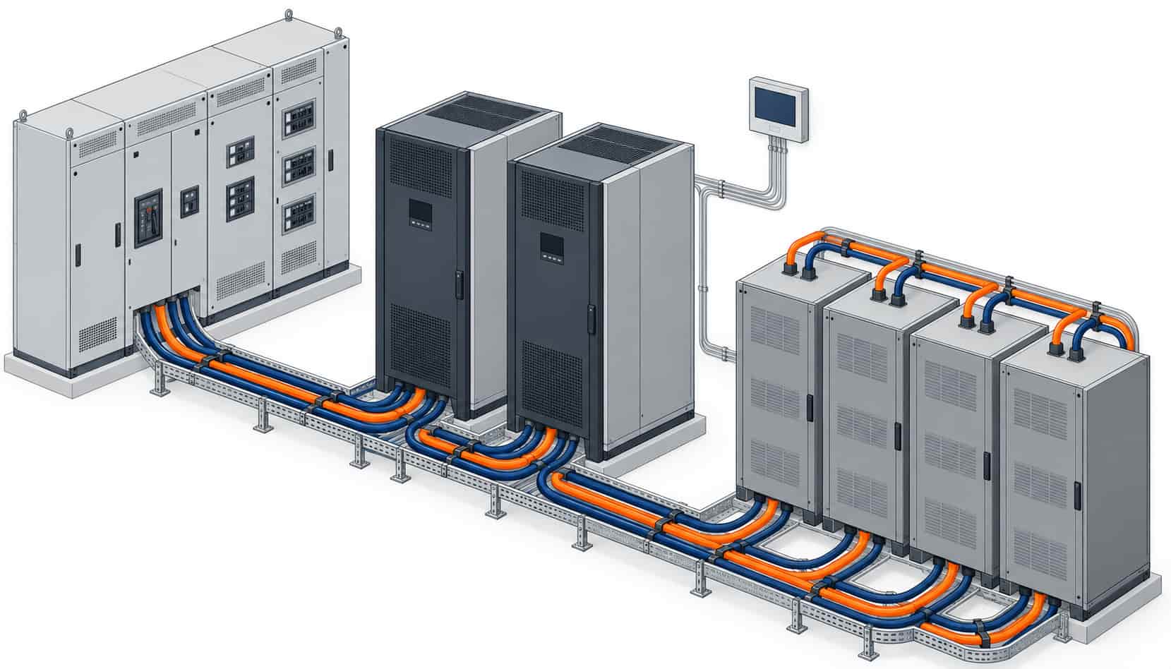 Isometric illustration of the cable route from switchboard through UPS cabinets to battery strings