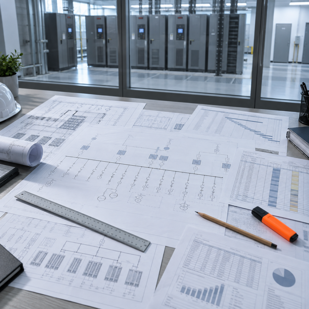 Power planning drawings and UPS sizing charts on a desk in a data center electrical room