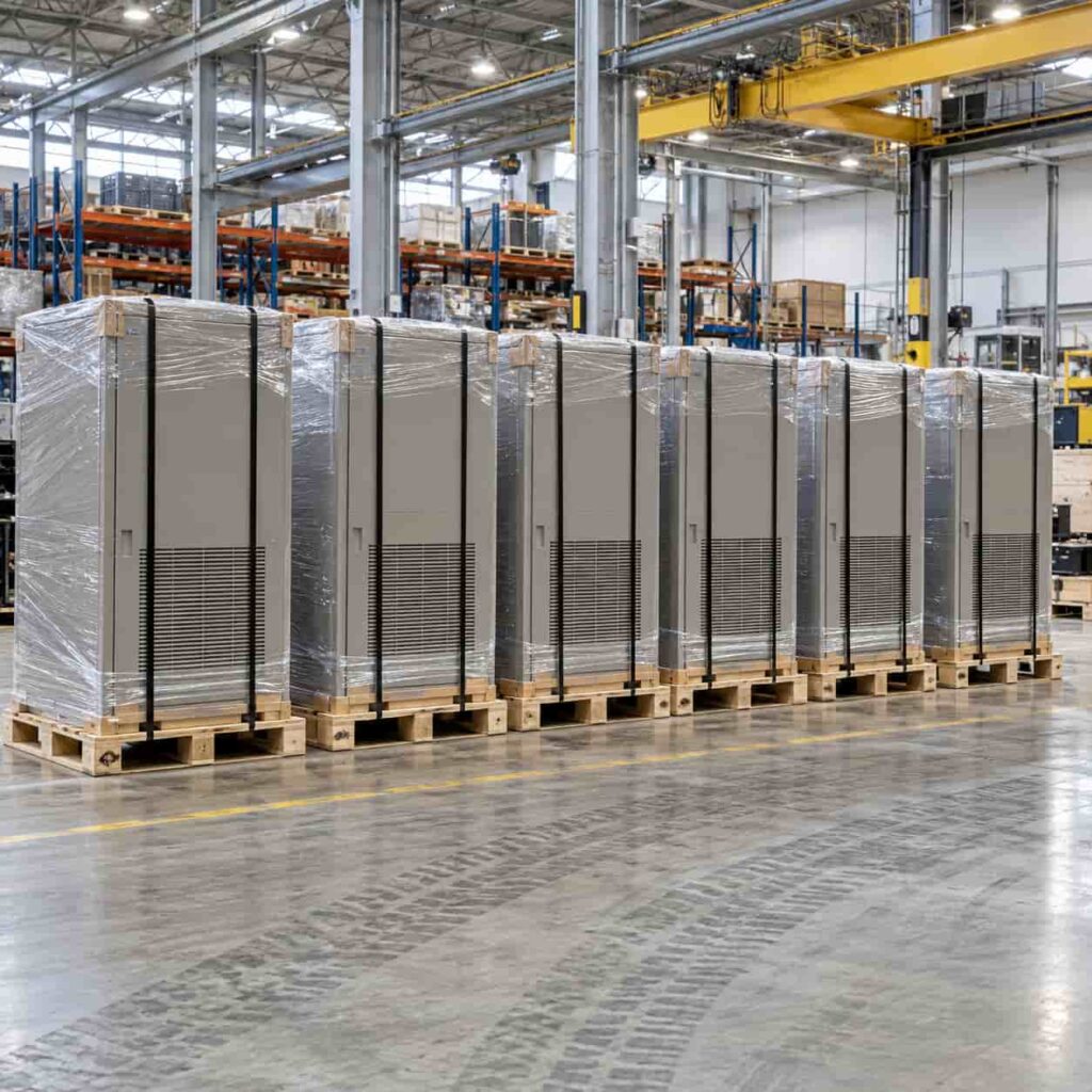 Rows of matching UPS modules being prepared for shipment in a factory bay