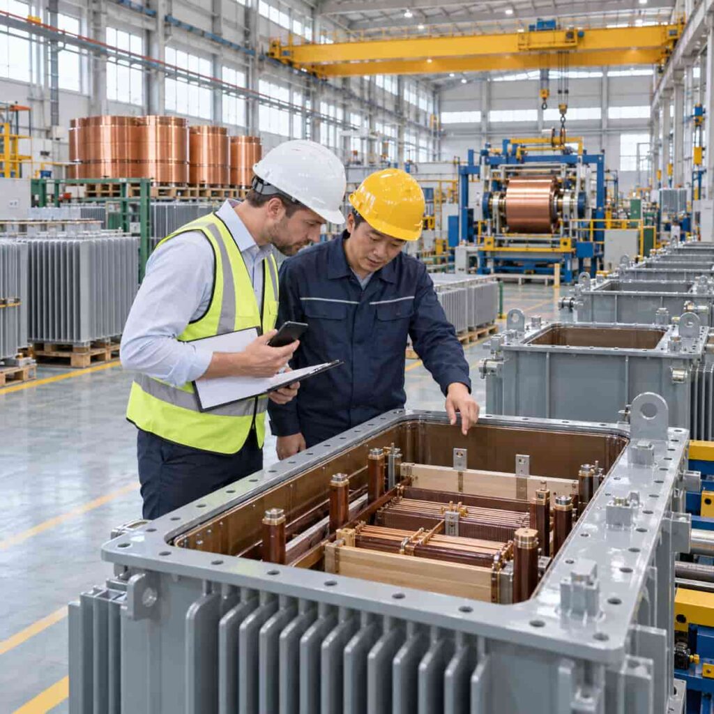 Foreign buyer inspecting transformer production line during a factory audit in China