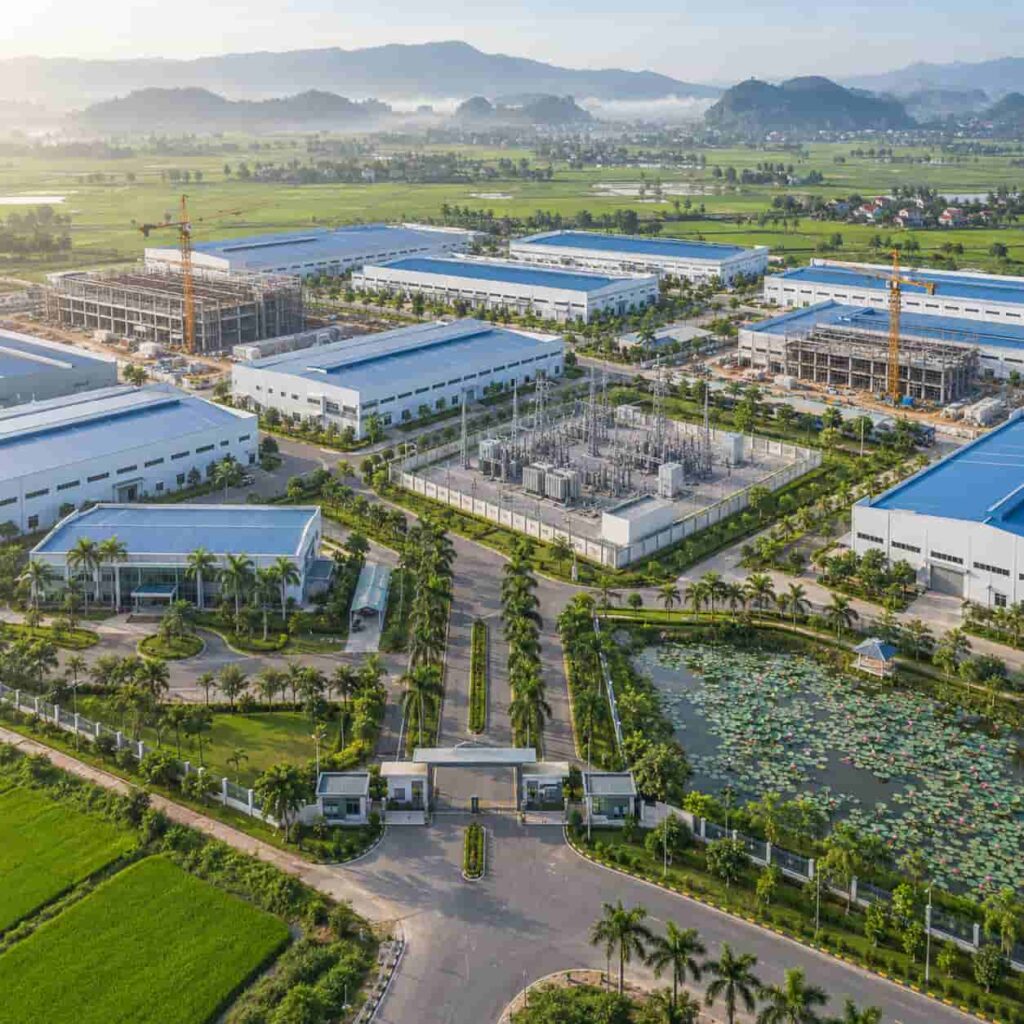 Aerial view of Vietnamese industrial park with substations and factory rooftops under construction