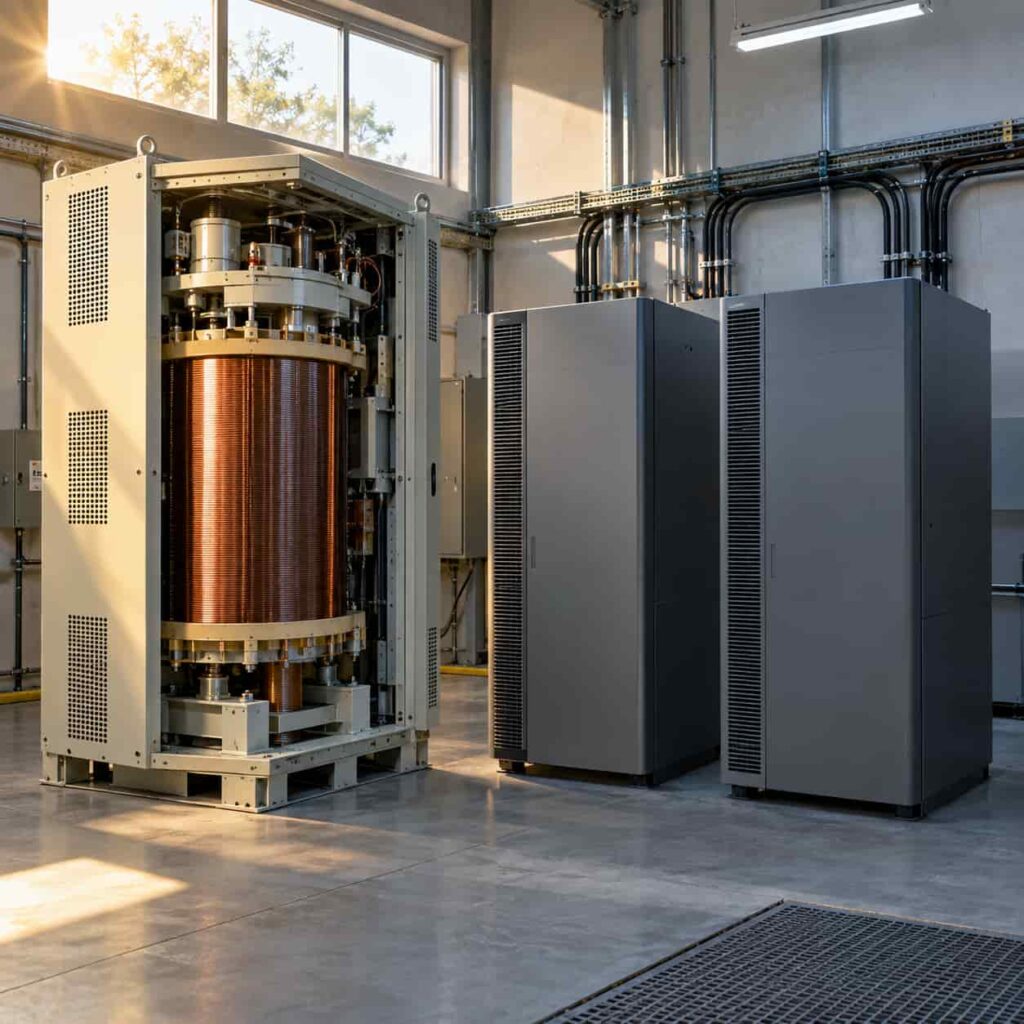 Voltage stabilizer cabinet beside UPS cabinets in an electrical room