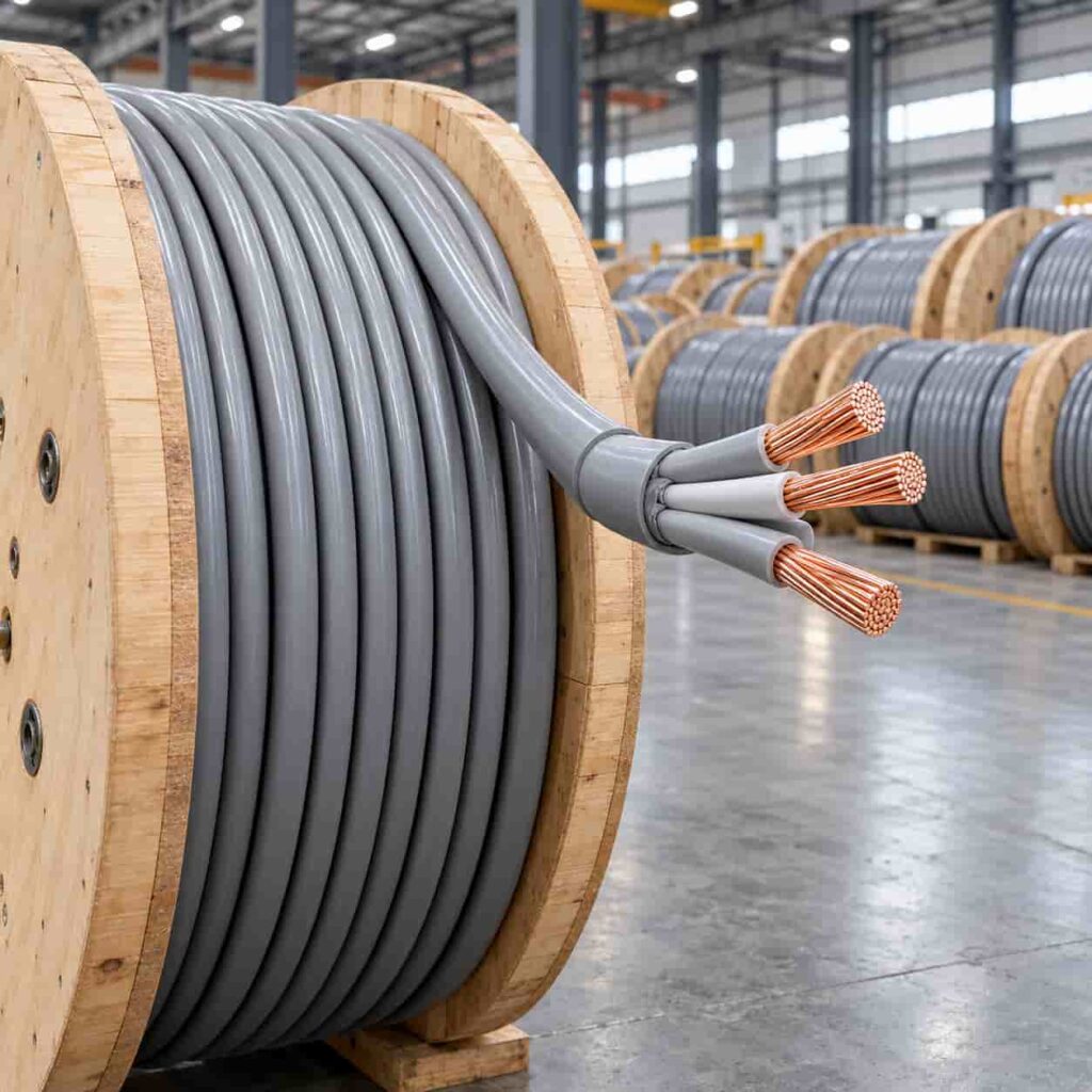 Drums of WDZ-YJY low smoke zero halogen power cable in a factory warehouse with sample ends showing copper conductors and grey sheath