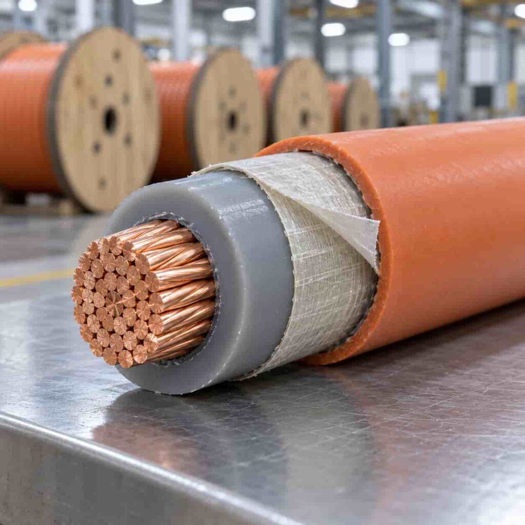Cross-section of WDZN-YJY fire resistant cable showing copper conductor and mica tape layer beside finished drums in a factoryCross-section of WDZN-YJY fire resistant cable showing copper conductor and mica tape layer beside finished drums in a factory
