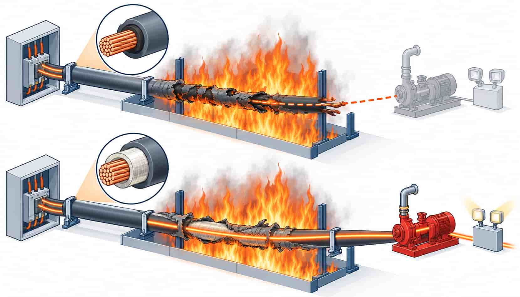 Isometric illustration of the mica tape layer keeping a circuit live through flame in a fire resistant cable