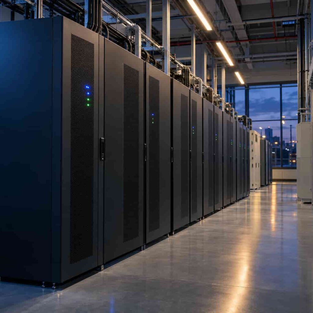 Online UPS cabinets lined up in a data center power room at dusk