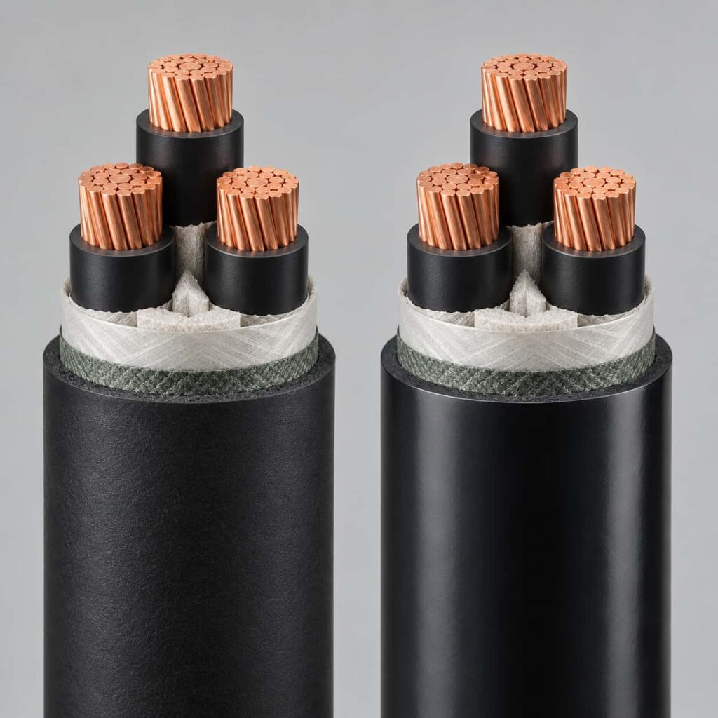 Two cable drums side by side with sample ends showing black XLPE insulated cores, one with PVC and one with polyethylene sheath