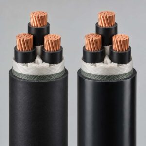 Two cable drums side by side with sample ends showing black XLPE insulated cores, one with PVC and one with polyethylene sheath