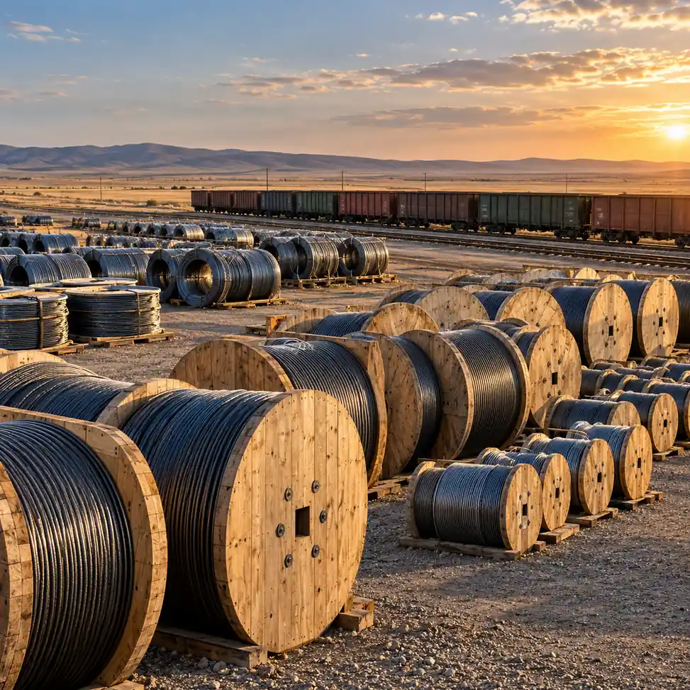 Cable drums and wire coils in a distribution yard with freight wagons in the distance, no readable text, no labels
