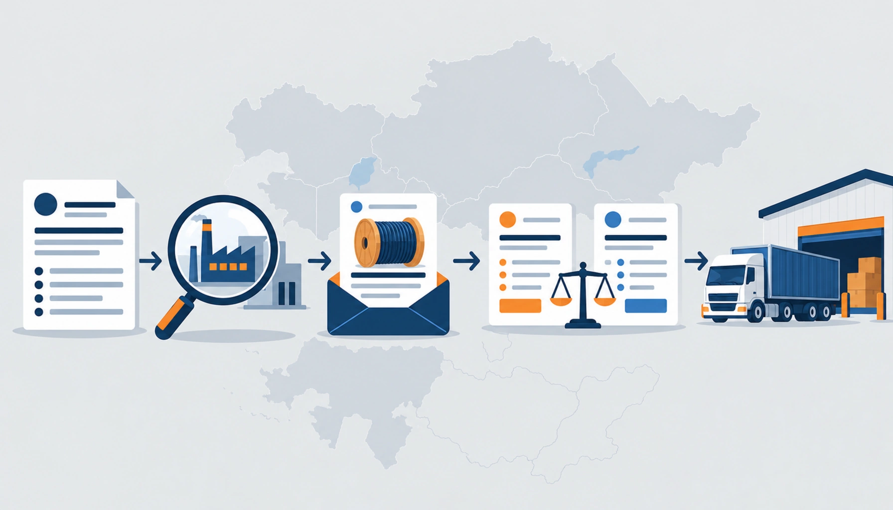 Flat illustration of a five-stage cable procurement sequence from specification list through supplier check, RFQ, quotation comparison and delivery truck, no readable text, no labels