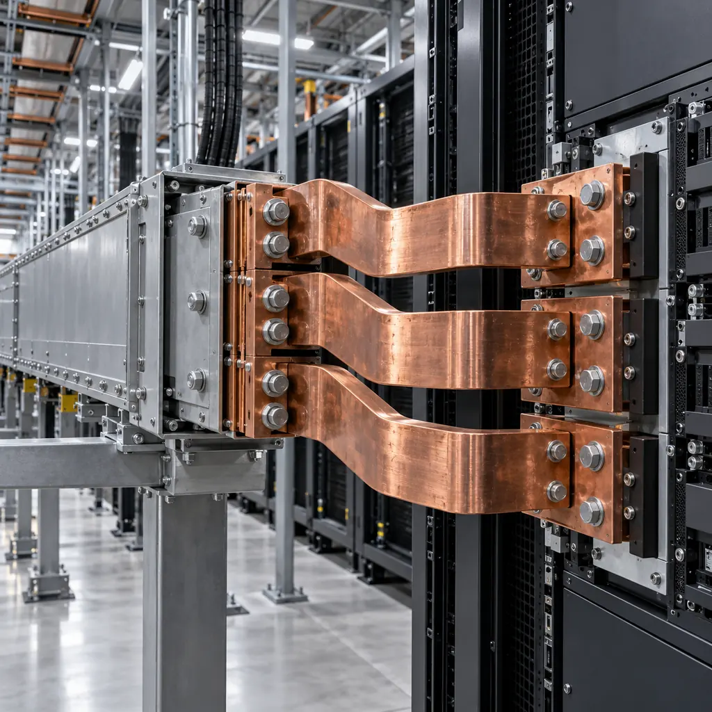 Heavy copper busbar and busway connections feeding a high-density AI rack row in a data center