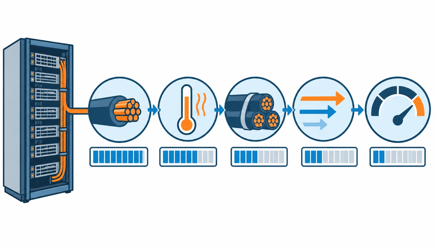 Flat infographic of the cable derating chain for a one megawatt data center rack