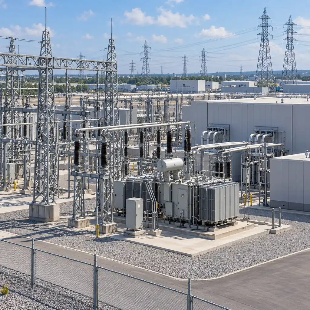 A high voltage substation yard at a hyperscale data center campus with incoming gantries, power transformers and GIS buildings, transmission towers on the skyline behind, industrial daylight lighting, no readable text, no labels