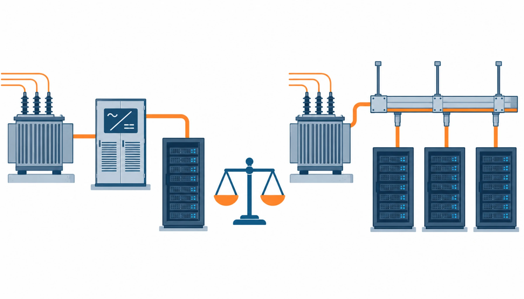 Flat infographic comparing a lower voltage DC data center power chain with a direct 800V DC architecture
