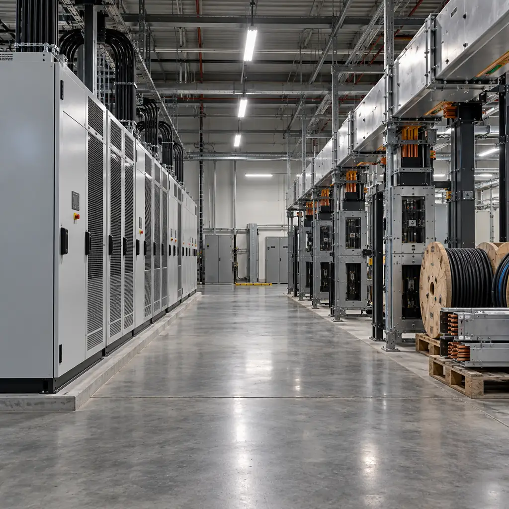 Two data center power distribution line-ups side by side, one built around 400V class converters and one around 800V DC busway, staged for a procurement comparison