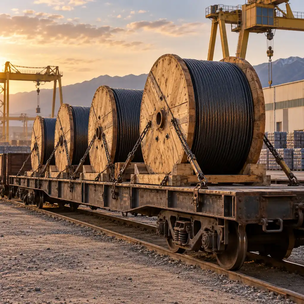 Cable drums loaded on a rail flatcar at a Central Asian freight terminal with a warehouse and cranes in the background, no readable text, no labels