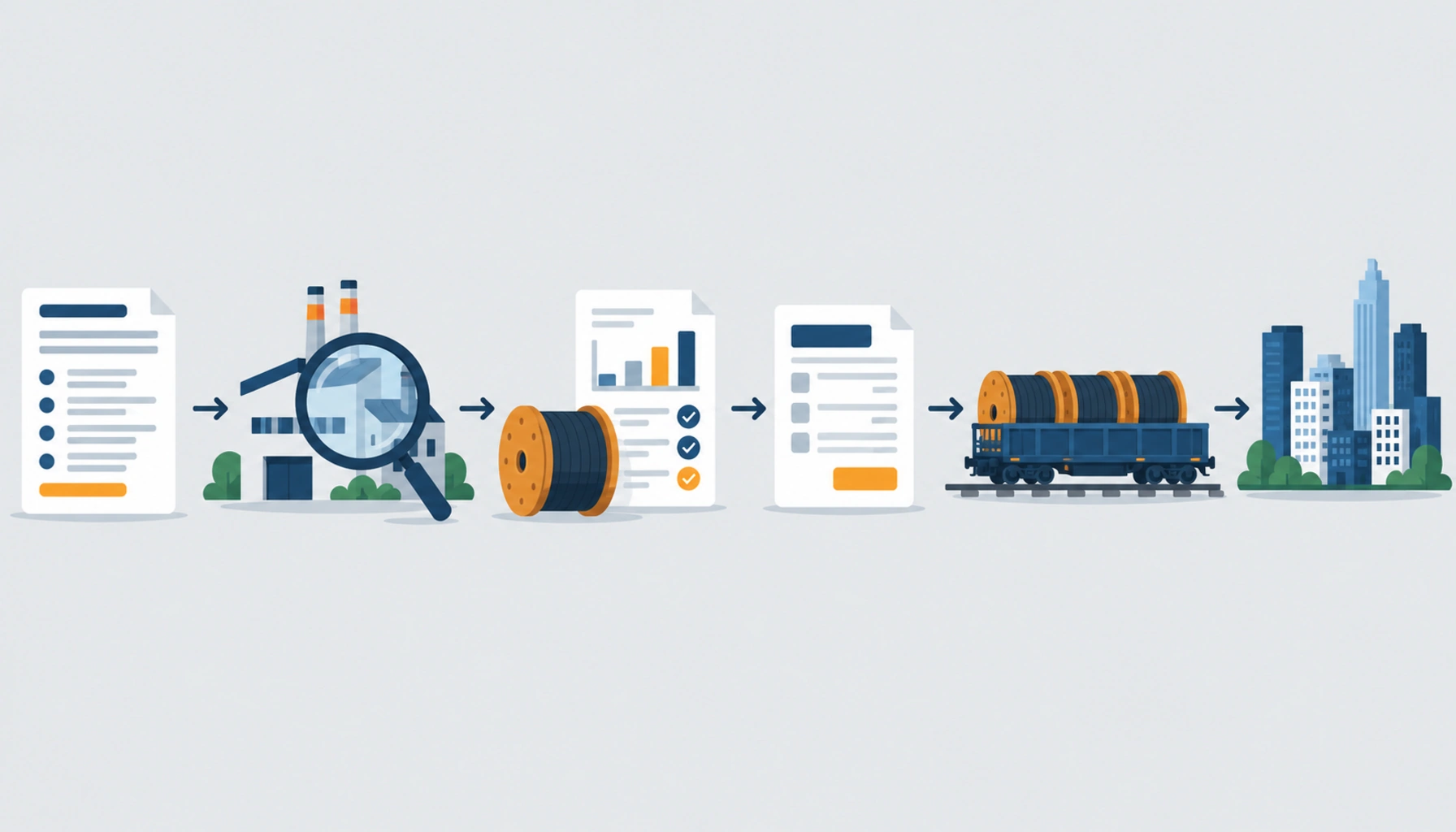 Flat illustration of a cable procurement workflow from a specification list through supplier verification, sample drums and documents to rail transport, no readable text, no labels