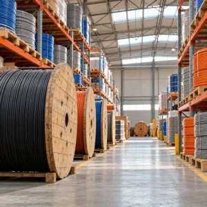 A warehouse aisle with cable drums and wire coils on pallets beside forklift lanes under a high roof, no readable text, no labels