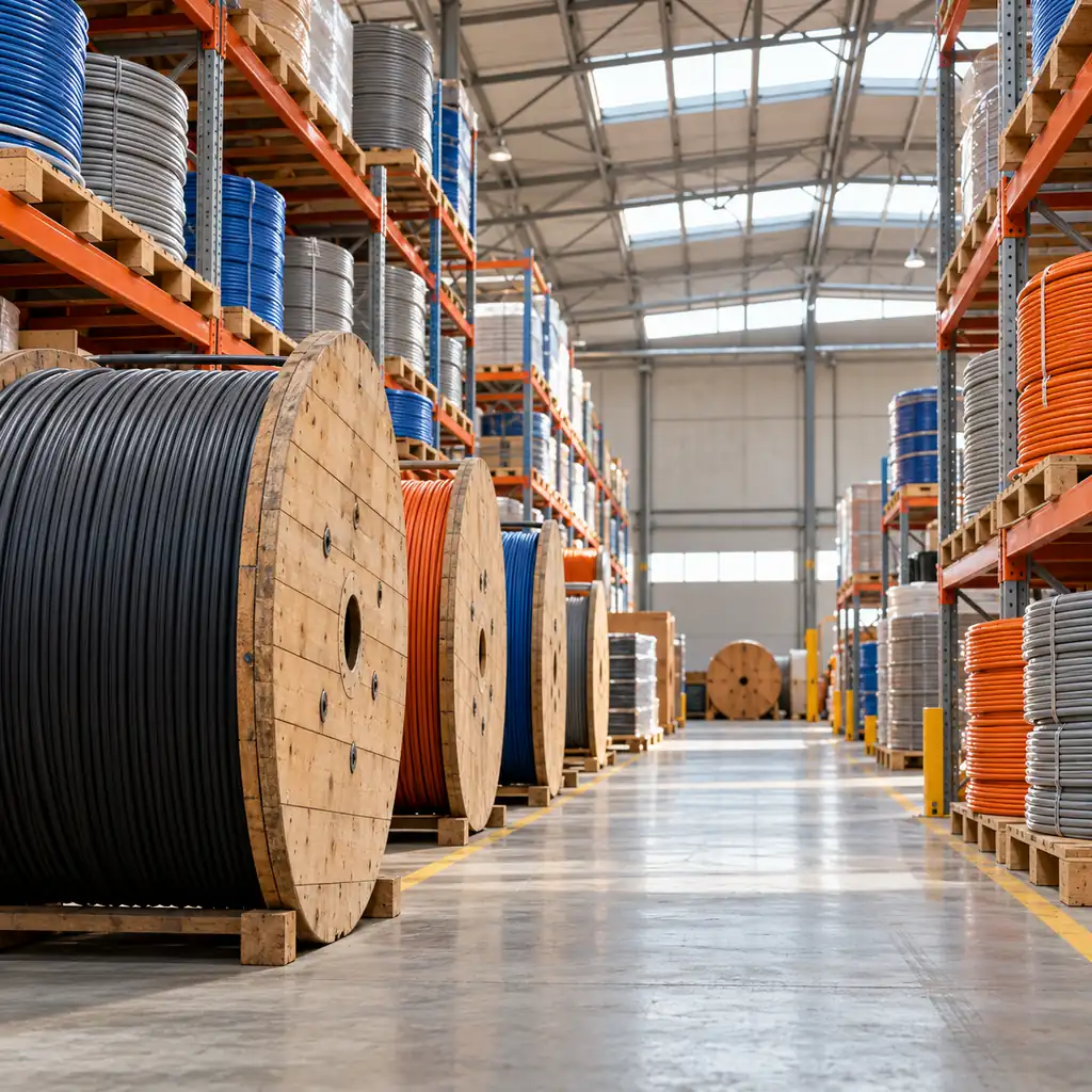 A warehouse aisle with cable drums and wire coils on pallets beside forklift lanes under a high roof, no readable text, no labels