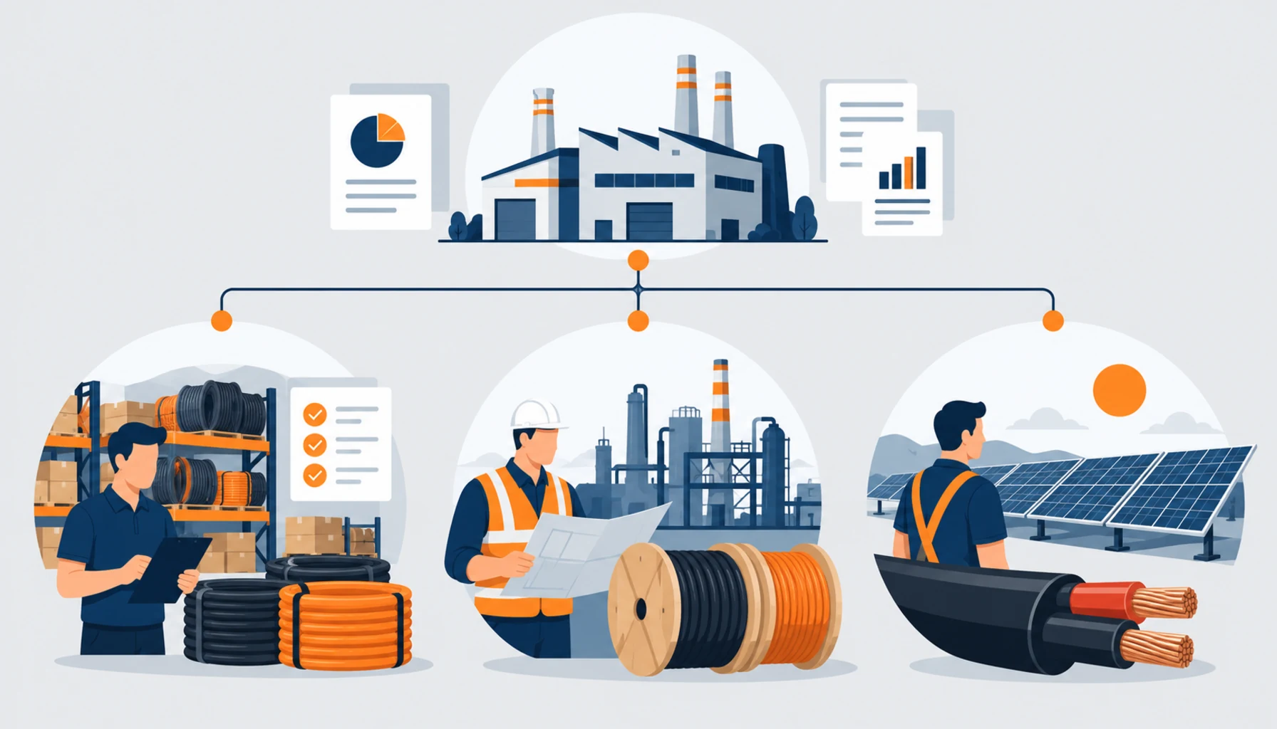 Flat illustration of three buyer types comparing a supplier checklist with cable drums, a solar panel string and an industrial plant, no readable text, no labels