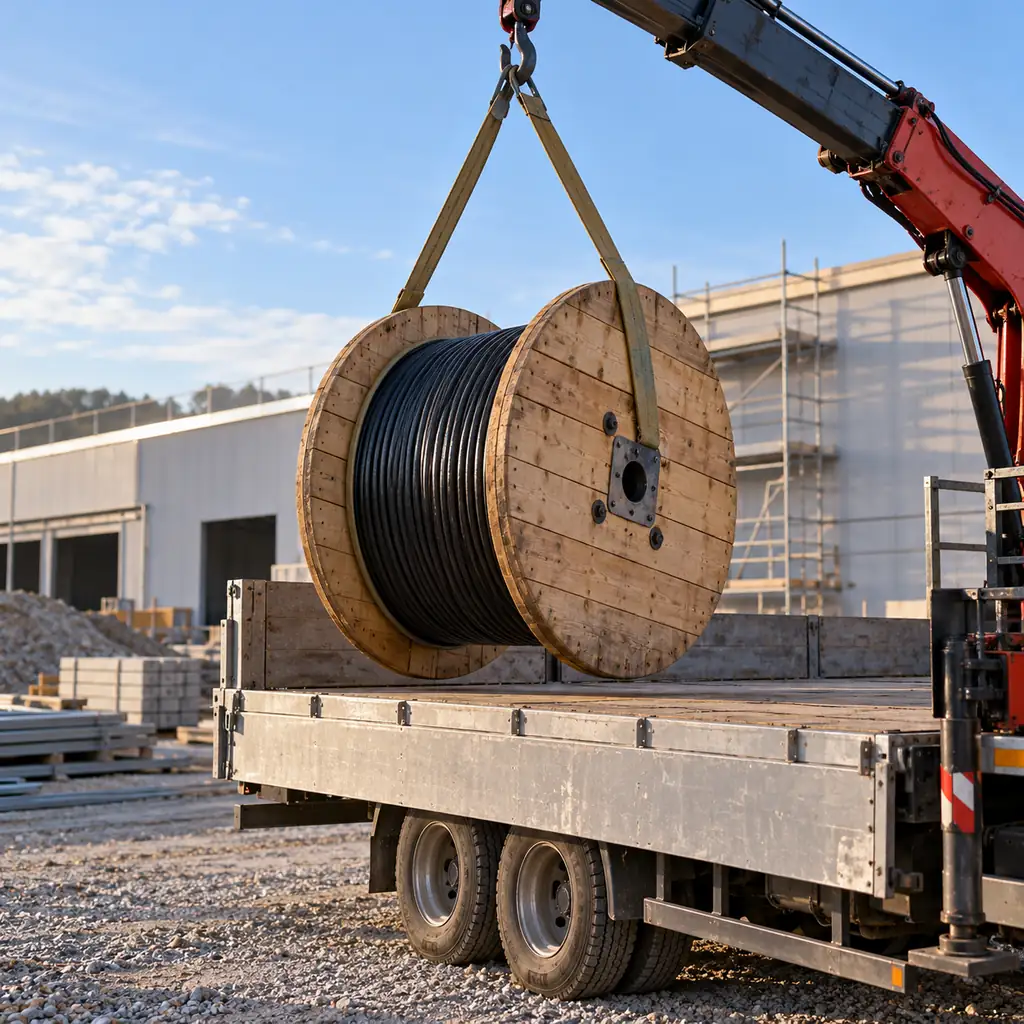 A cable drum being unloaded from a truck at a regional construction site with a warehouse building behind, no readable text, no labels