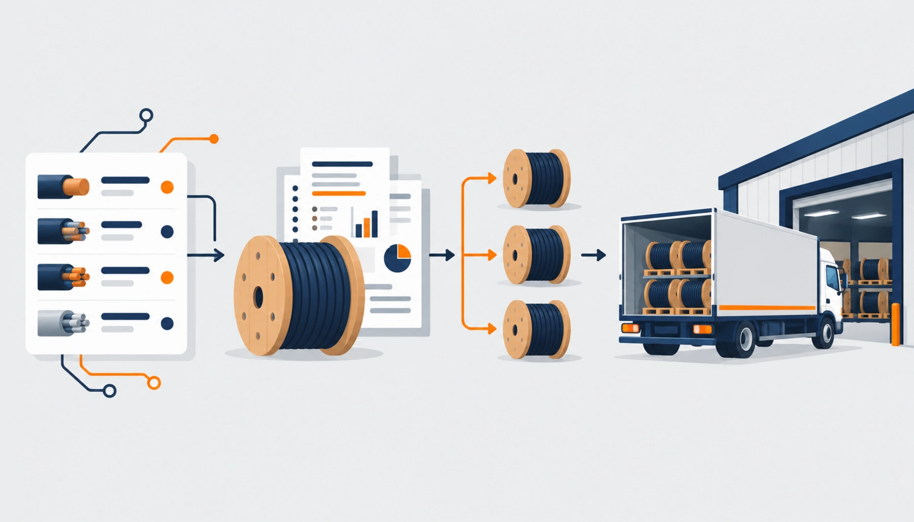 Flat illustration of an order confirmation flow from a product list through sample drums and document sets to a delivery truck at a receiving gate, no readable text, no labels
