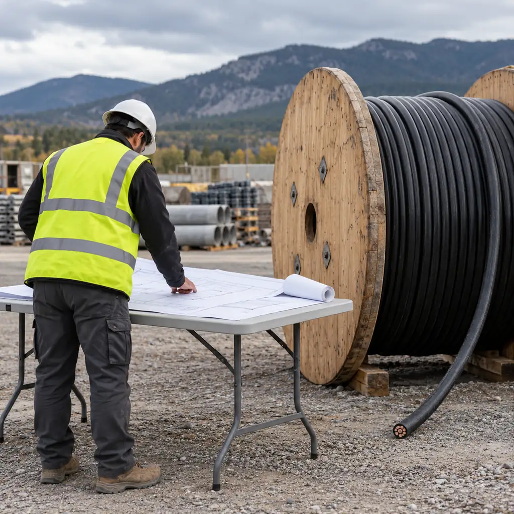 An engineer reviewing documents at a table beside an open cable drum at an industrial site, no readable text, no labels