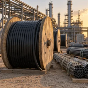 Industrial cable drums and conduits at a plant construction area with steel structures in the background, no readable text, no labels