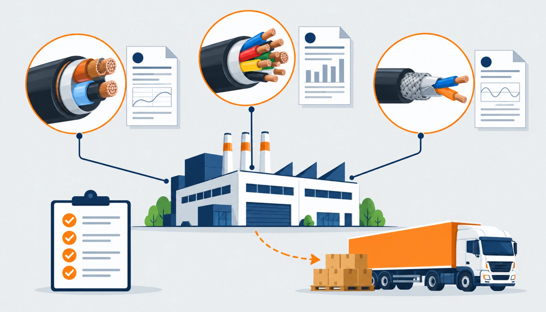 Flat illustration of an industrial cable supplier capability check covering power, control and instrumentation cable groups with test and document icons, no readable text, no labels