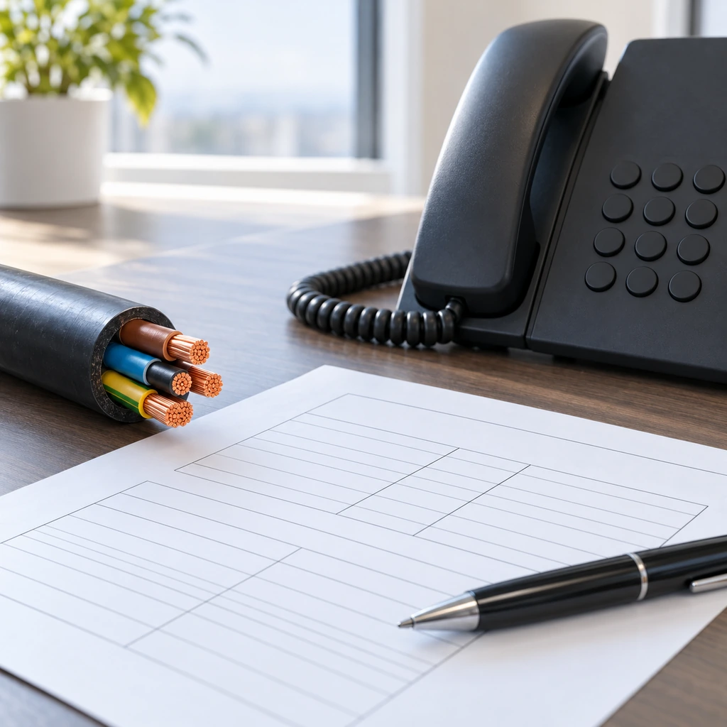 A written enquiry document beside a telephone and a short cable sample on an office desk, no readable text, no labels
